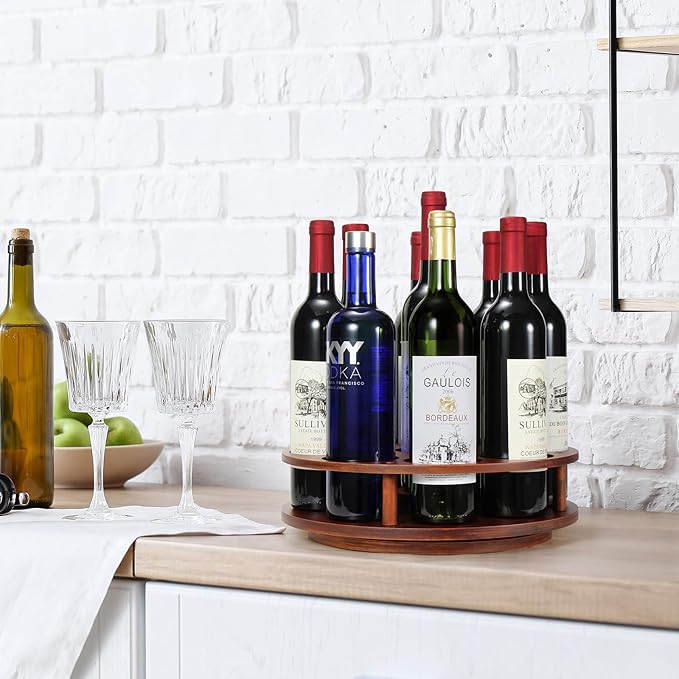 THYGIFTREE Large Rotating Coffee Syrup Organizer 9 Bottles Coffee Syrup Rack for Countertop Wood Syrup Bottle Holder Stand for Coffee Bar Station, Turntable Wine Display Tray, Brown