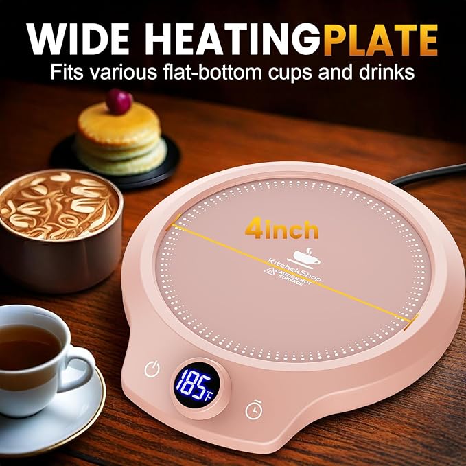 Fast Heating Mug Warmer - 4 Temp Settings & 1-12H Timer, Coffee Cup Warmer Plate for Desk Auto Shut Off, Ideal Beverage Warmer Gift for Coffee, Tea, Milk (Pink)