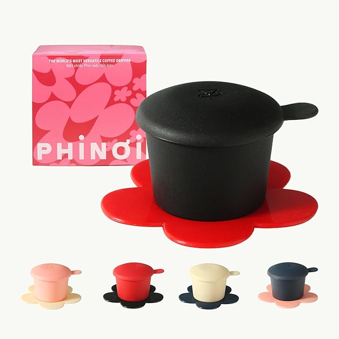 – Vietnamese Coffee Dripper – MIX COLORS – Pour Over Coffee Maker with Flower Design – Reusable Coffee Filter for Sustainable Brewing (Black + Red)