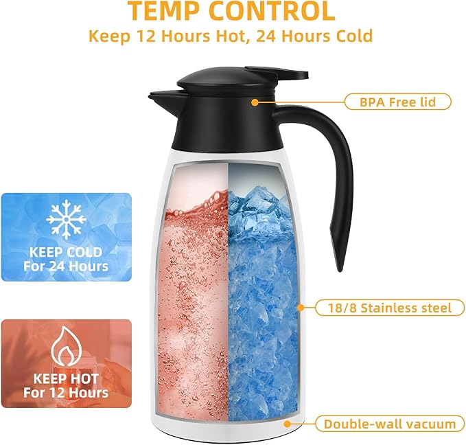 68oz Thermal Coffee Carafe, 2 Pack Airpot Insulated Coffee Urns Stainless Steel Vacuum Thermal Pot Dispenser for Coffee, Hot Water, Tea, Hot Beverage - Keep 12 Hours Hot, 24 Hours Cold (White)