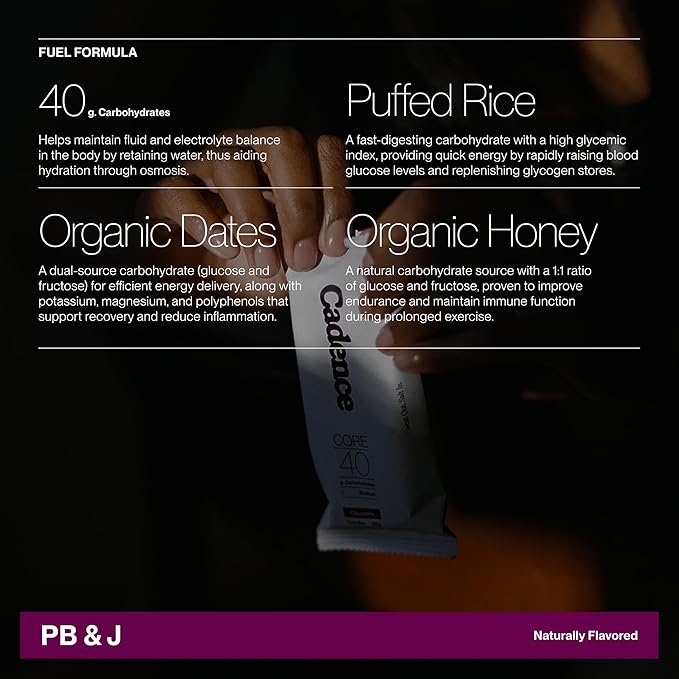 Cadence Peanut Butter & Jelly Energy Bar - Case (50g x 12) | 40g Carb Blend with Organic Dates & Honey | Electrolytes for Hydration & Recovery | Natural Ingredients | Vegan-Friendly Fuel for Endurance Sports
