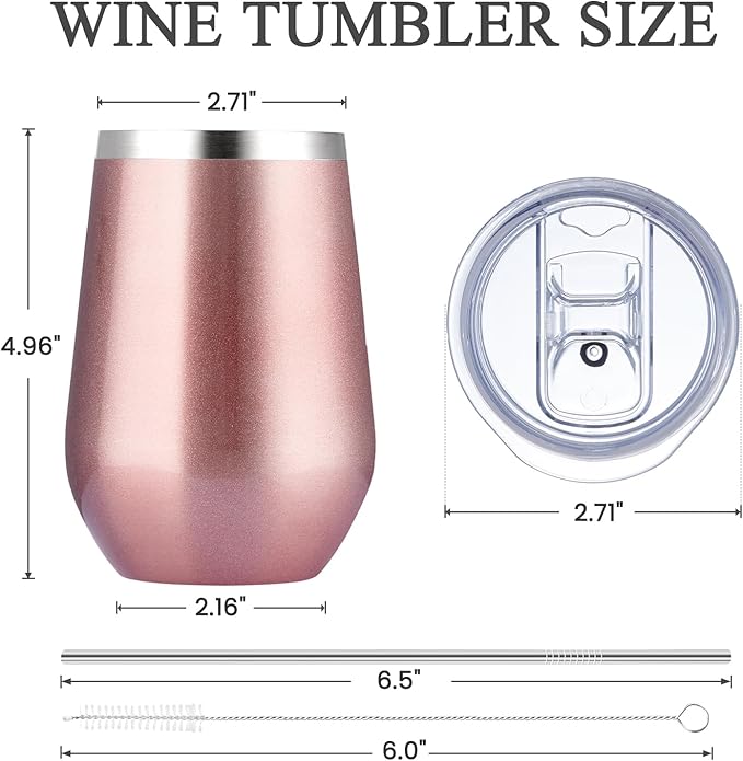 MEWAY 12oz Stainless Steel Wine Tumbler with Lid and Straw - Double Wall Stainless Steel Coffee Mug, Gift for Woman Under 10 dollars， 8 Pack Bulk tumblers(Rose Gold,Set of 8)