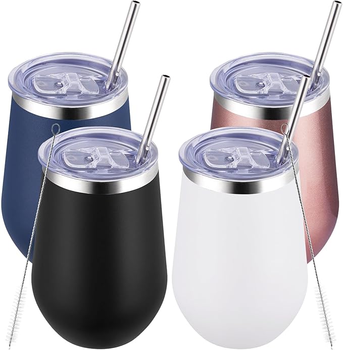MEWAY 12oz Stainless Steel Wine Tumbler with Lid - Double Wall Vacuum Insulated Swig cups for Hot and Cold Drinks, Ideal for Coffee, Wine, Beer, gifts for Women under 10 dollars(Mix,Set of 4)