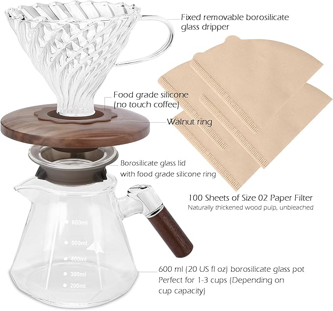 Pour Over Coffee Maker, 20 oz Borosilicate Glass Set with 100 pcs V60 Paper Filter, Coffee Dripper with Walnut Collar, Coffee Pot with Glass Lid, 1-3 Cups, Clear, (600 ml)