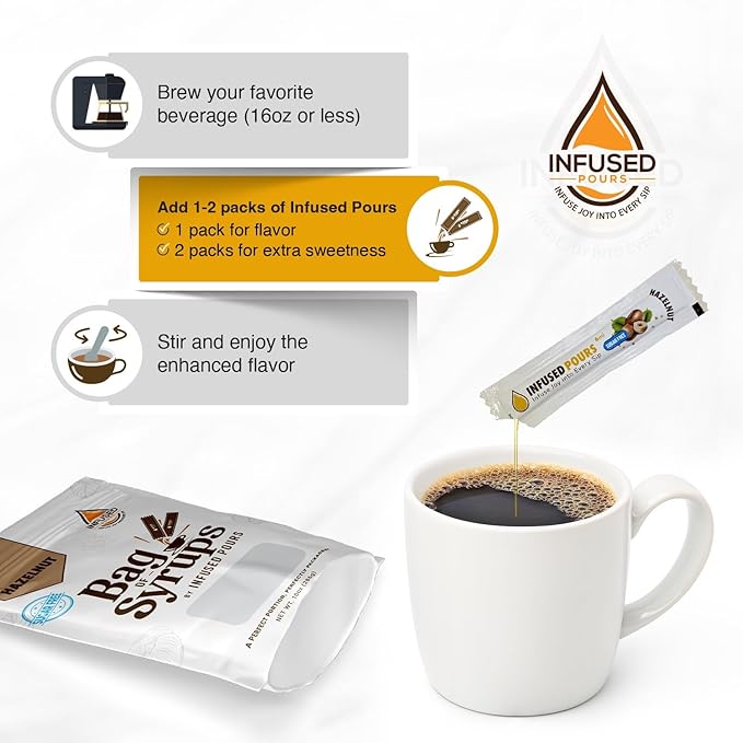 Single Serving Sugar Free Hazelnut Syrup Packets for Coffee and Cocktails - 6mL Each, 30 Count - Bag of Syrups by Infused Pours (6mL, Sugar Free Hazelnut)