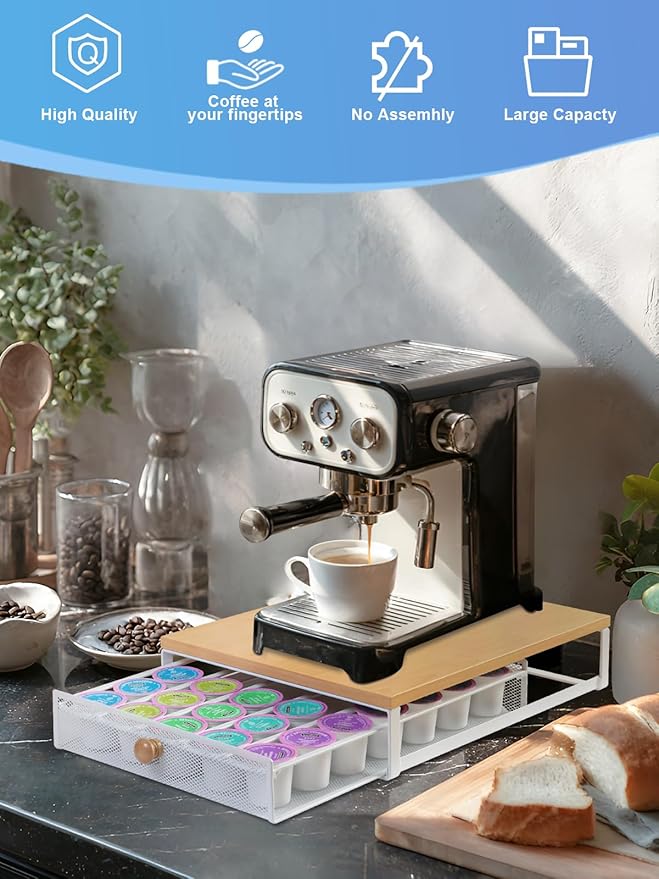 Coffee Pod Holder Counter Coffee Vertuo Capsules Storage Organizer with Sliding Drawer Compatible For K-Cup Pods Nespresso Pods No Assembly Needed Oak Color