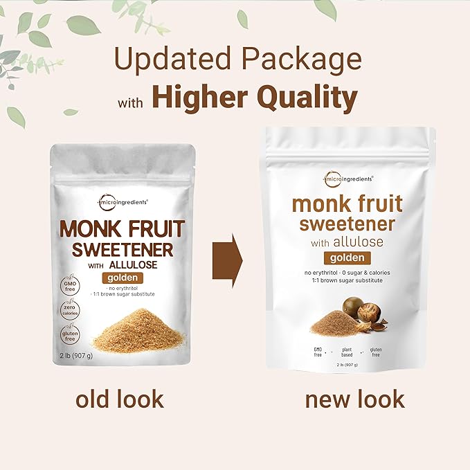 Micro Ingredients Golden Monk Fruit Sweetener Allulose, 2 lbs | No Erythritol, No Aftertaste, 1:1 Brown Sugar Substitute | Zero Calorie, Great for Drinks, Coffee, Tea, Cookies | Keto, Vegan, Non-GMO