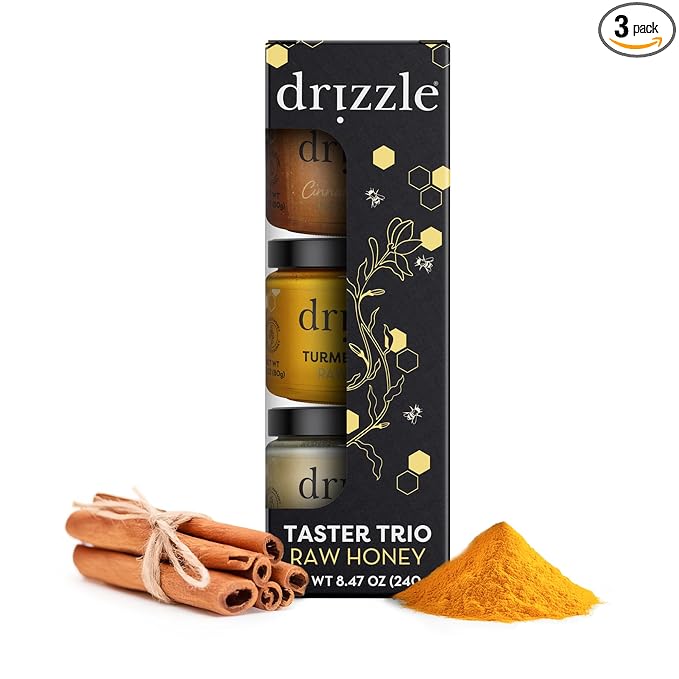 Drizzle Honey Taster Trio - All Natural Pure Raw Honey, Unfiltered, White, Cinnamon Spiced, & Turmeric Gold Mini Jars, Use in Tea & Coffee, Sugar Substitute, Certified Kosher - Pack of 3