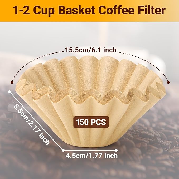 Segarty 150 Count Natural Unbleached Brown Paper Coffee Filters, 6.1inch 1-2 Cup Paper-made Disposable, Pour Over Maker Basket Dripper for Home, Office, Cafeteria Use, Suitable for Most Coffee Maker