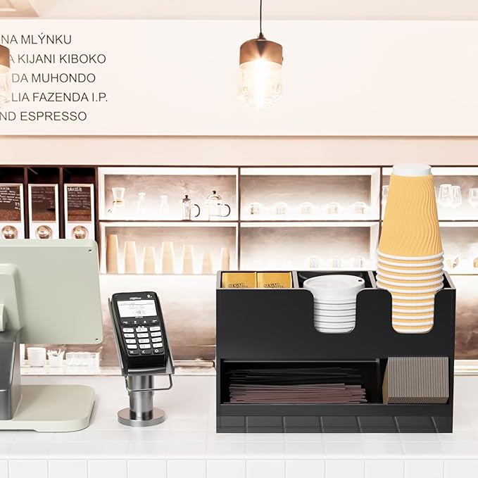 Coffee Condiment and Cup Organizer - 2-Tier Upright Cup and Lid Holder with Straw Organizer 4 Compartments Black Acrylic Cup Dispenser for Restaurant Breakroom Coffee Station Countertop