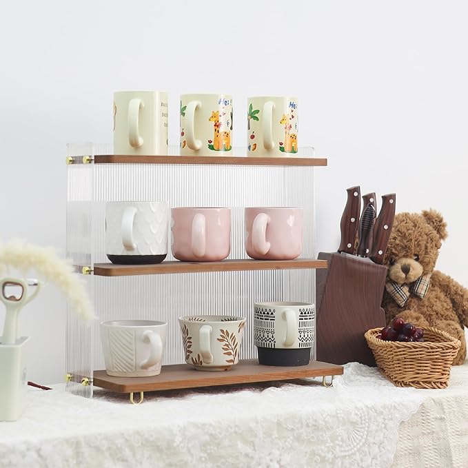 Coffee Mug Holder Wooden Cup Station Organizer 3 Tier Cup Holder for Coffee Bar Mug Display Rack for Countertop Mug Holder Shelf for Home Kitchen Walnut Wood