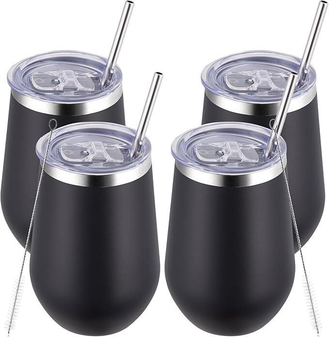 MEWAY 12oz/4 Pack Wine Tumbler Glasses with Lid - Stemless Double Wall Vacuum Stainless Steel Tumblers Keeping Cold & Hot for Wine - Family and Gifts, Ideal for Travel and Office(Black,Set of 4)