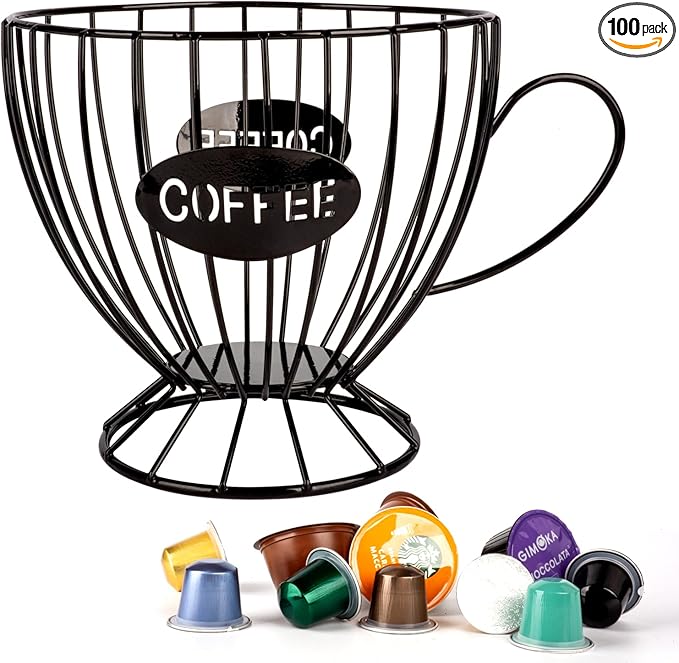 Stainless Steel Cup Coffee Basket pods holder Sturdy for Home or Office Kitchen Counter Organizer Espresso Capsule (Coffee Cup Shape BLACK)