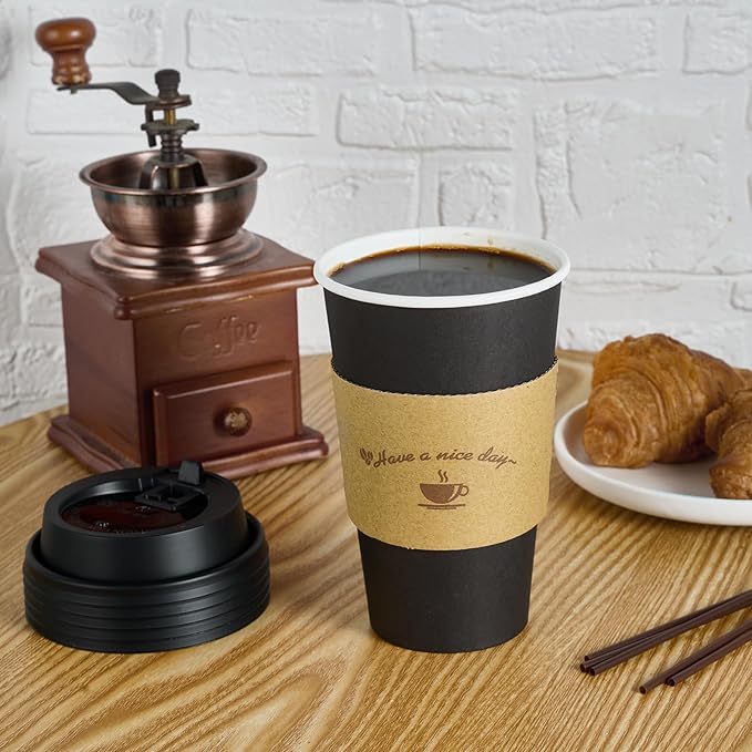 LITOPAK 100 Pack 16 oz Paper Coffee Cups with Lids, Black Disposable Coffee Cups with Lids, Sleeves and Stirring Sticks, for Parties, Picnic, Travel, and Events