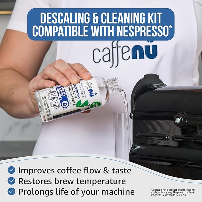 Nespresso Compatible Descaling Kit & Cleaning Pods. 2 Use Descaling Solution & 4 Cleaner Pods. Removes Limescale & Cleans Pod Area. Better Tasting, Hotter Coffee. Nespresso Originaline.