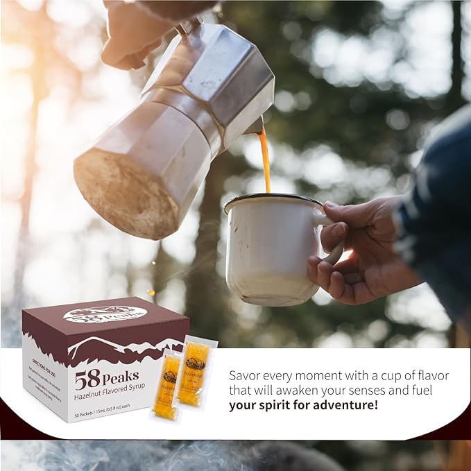 58Peaks Hazelnut Flavored Syrup Sweetener Packets for Hot and Cold Drinks | To-Go Syrup Flavoring Perfect for Coffee, Tea, Milkshake and More | Flavored Coffee Syrups for Travel | 15mL | 50-Pack