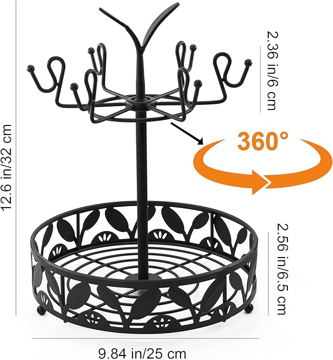 VANRA Coffee Mug Holder Stand 6 Hooks Rotating Mug Rack Countertop with Coffee Pod Basket Storage for Kitchen Counter Organizer, Black Steel (360 Rotating)