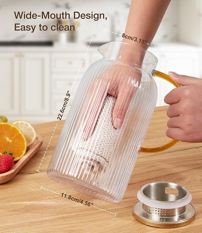 2 PACK Glass Pitcher with Lid 64 oz, Classic Vertical Stripes Pitcher with Lid and Handle, Water Jug for Hot/Cold Drinks, Borosilicate Glass Carafe for Coffee, Iced Sun Tea, Juice, Sangria