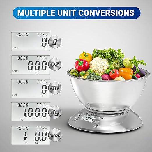 Kitchen Food Scale Digital Weight Grams and Oz，Professional Stainless Steel Digital Kitchen Food Scale 11lb/0.1oz with Bowl for Weight Loss Dieting Baking Cooking