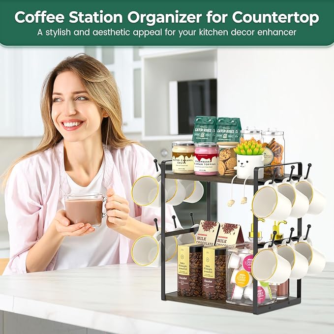 EsLuker.ly Coffee Station Bar Organizer Mug Holder Stand Countertop, 2 Tier Mug Cup Tree Rack for Kitchen Office, Storage Shelf with 12 Hooks, Creat Stylish Coffee Corner, Brown-Black