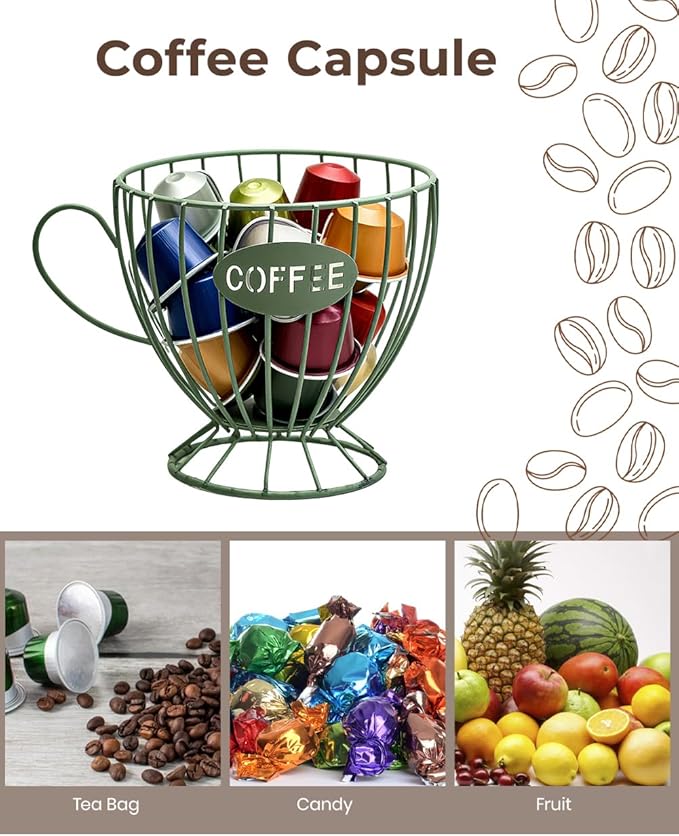 Coffee Pod Holder Large Capacity Coffee Pod Storage Metal Kitchen Countertop Organizer for Home Office Green