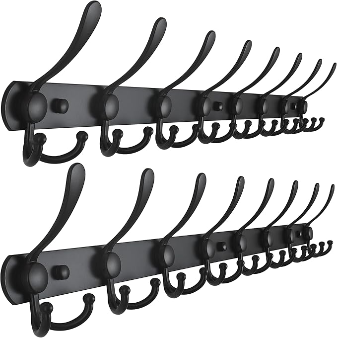 Dseap Coat Rack Wall Mount - 29.5” Long 8-Tri-Hooks Heavy Duty Coat Hanger Rail Wall Hooks for Hanging Coats Hats Clothing Clothes Purse Mudroom Entryway, Black, Pack of 2