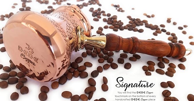 PCZ Series (Small-6 fl.oz) - Thickest Solid Copper Engraved/Stamped Turkish Greek Arabic Coffee Pot with Wooden Handle, Stovetop Coffee Maker Cezve Jezve Jazva Jazzve Ibrik Briki (Shiny)