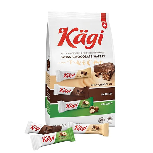 Kägi Swiss Chocolate Covered Wafers Assorted Bag – Crispy Coated, Individually Wrapped Mini-Mix of Classic, Dark & Hazelnut Flavors, 500g Bag