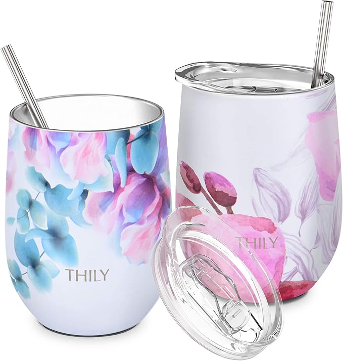 THILY Vacuum Insulated Stemless Wine Tumbler 12 oz Stainless Steel Wine Glass with Lid and Straw, Keep Cold or Hot for Coffee, Cocktails, 2 Pack(Pink Lilies + Lotus Flower)