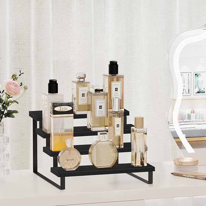 YINMIT Wooden Display Riser Stand, Tiered Perfume and Cologne Organizer Stand, 4 Tier Spice Rack Organizer, Rustic Display Shelf for Candles (4 Tier,Black)