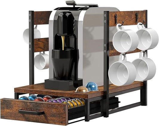 Evermagin Coffee Pod Holder, Vertuo Pod Holder Compatible with Nespresso, 28 Large or 56 Small Nespresso Capsule Organizer Drawer Station with Cup Rack, Rustic Brown