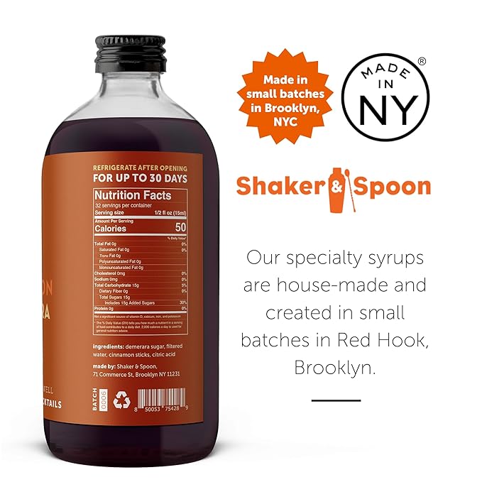 Shaker & Spoon Cinnamon Demerara Syrup, 16oz Craft Cocktail Syrup, Mocktails, Non Alcoholic Drinks, Cocktail Mixers, Flavored Syrups for Drinks