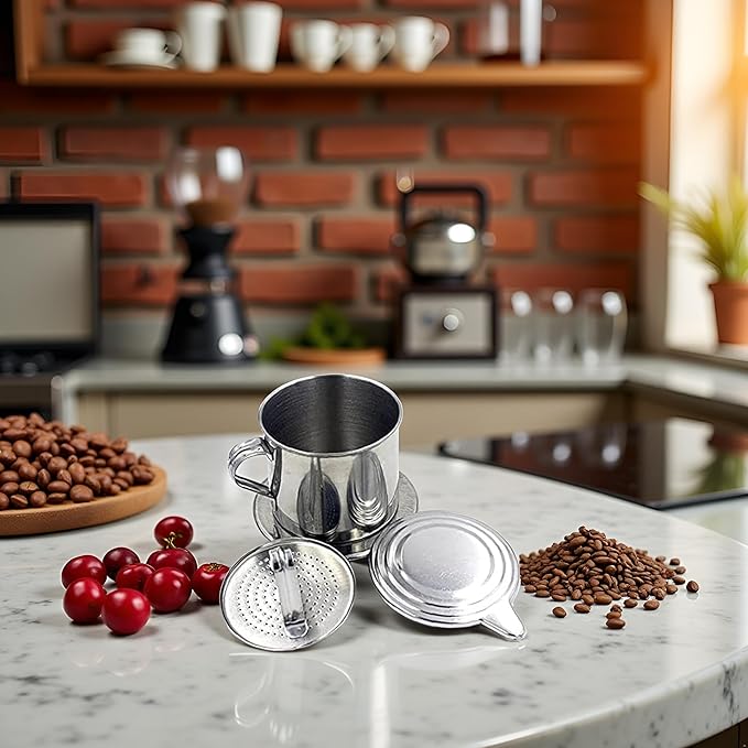 Silver Vietnamese Coffee Filter Stainless Steel Pot Drip Infuse Cup Brewing Teapot No Need Paper Drip Coffee Pot Machine Filter for Home Kitchen Office Outdoor ﻿