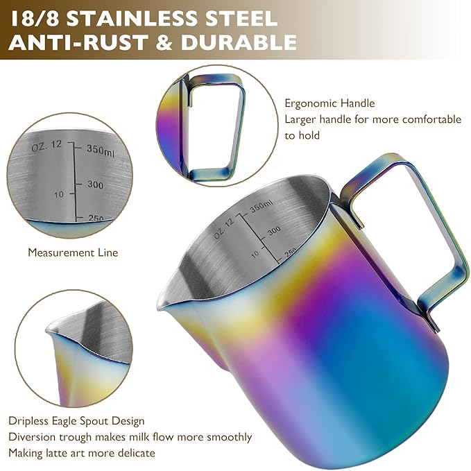 CAMKYDE Stainless Steel Milk Frothing Pitcher 12 oz, Espresso Steaming Pitcher with Decorating Pen for Espresso Machines, Cappuccino, Latte Art (Colour)