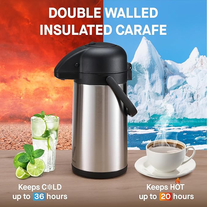 85 oz (2.5L) Coffee Carafe with Pump, 2Pcs Insulated Stainless Steel Coffee Dispenser, Coffee Carafes for Keeping Hot/Cold, Hot Beverage Dispenser for Party