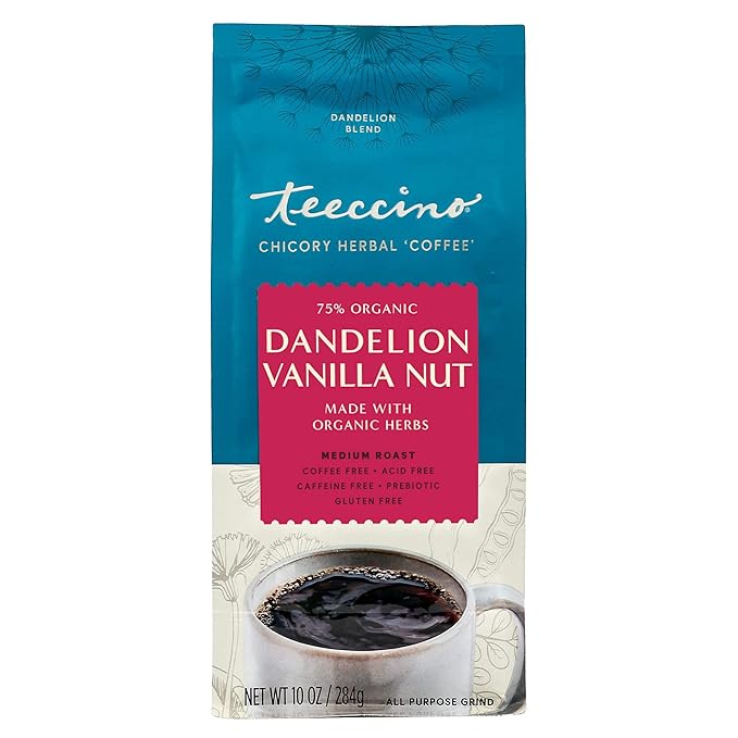 Teeccino Dandelion Vanilla Nut Herbal Coffee - Caffeine-Free Coffee Alternative with Prebiotics, Gluten Free, Acid Free - Medium Roast, 10 oz