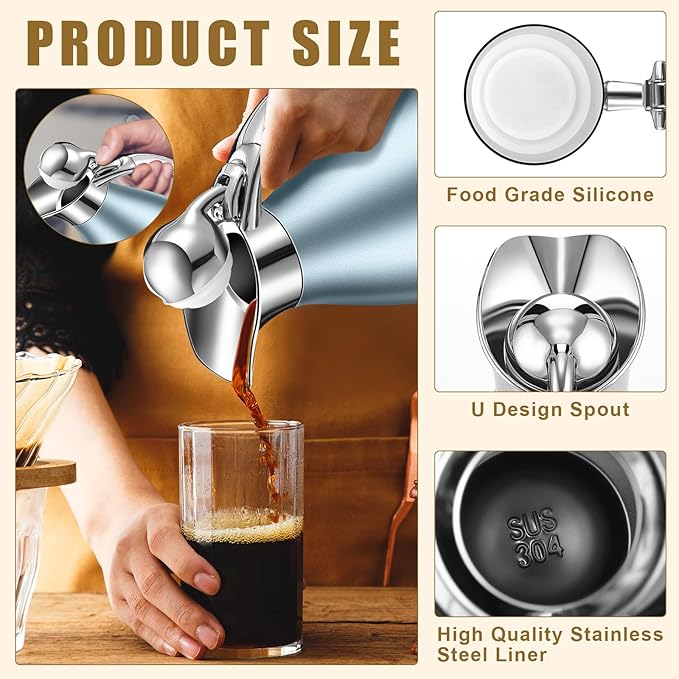 Uiifan 2 Pcs 68 oz Thermal Coffee Carafe Insulated Stainless Steel Coffee Carafe for Hot Liquids Vacuum Thermal Pot Creamer Dispenser with Brushes Keeping Hot Tea Milk Water(Khaki Blue)