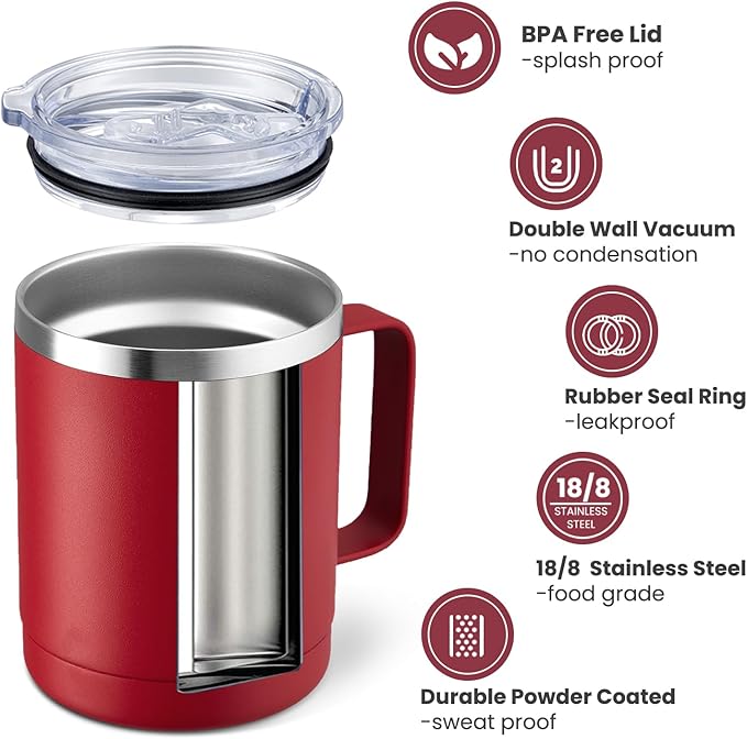 MEWAY 12oz Coffee Mug With Handle 4 Pack Bulk,Stainless Steel Insulated Travel Tumblers With Sliding Lid,Double Wall Vacuum Camping Cup for Hot & Cold Drinks Tea (Red,Set of 4)
