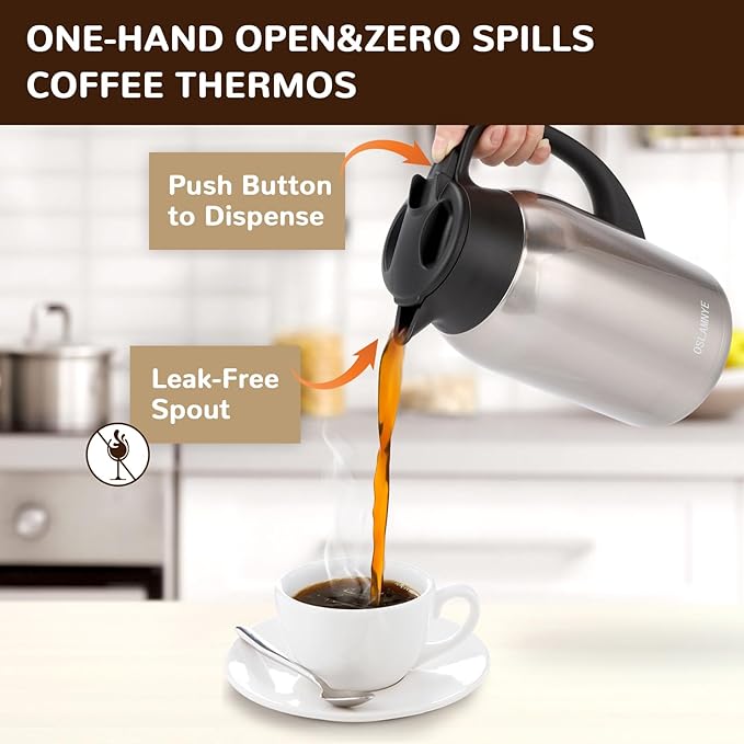 68 oz Coffee Carafe for Keeping Hot - 12 Hour Hot Drinks and 24 Hour Cold Drinks Stainless Steel Insulated Pot with Anti-Drip Spout, 316 Food Grade Thermal carafe Pot for Home/Camping/Office Silver