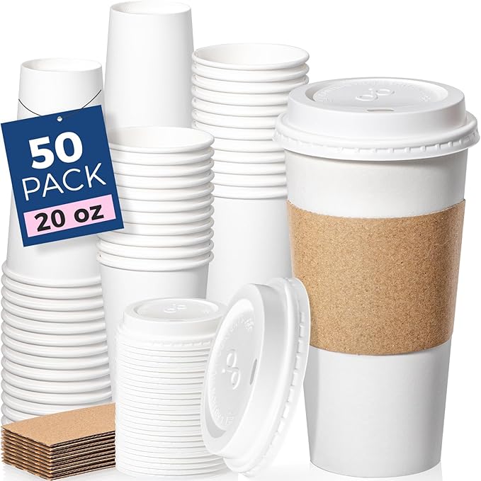 Fit Meal Prep 50 Pack 20 oz Disposable Coffee Cups with Lids, Sleeves, Leak-Proof To Go Coffee Cups with Lids, Durable Hot Paper Cups for Home, Office, Party, Business