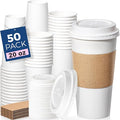 Fit Meal Prep 50 Pack 20 oz Disposable Coffee Cups with Lids, Sleeves, Leak-Proof To Go Coffee Cups with Lids, Durable Hot Paper Cups for Home, Office, Party, Business