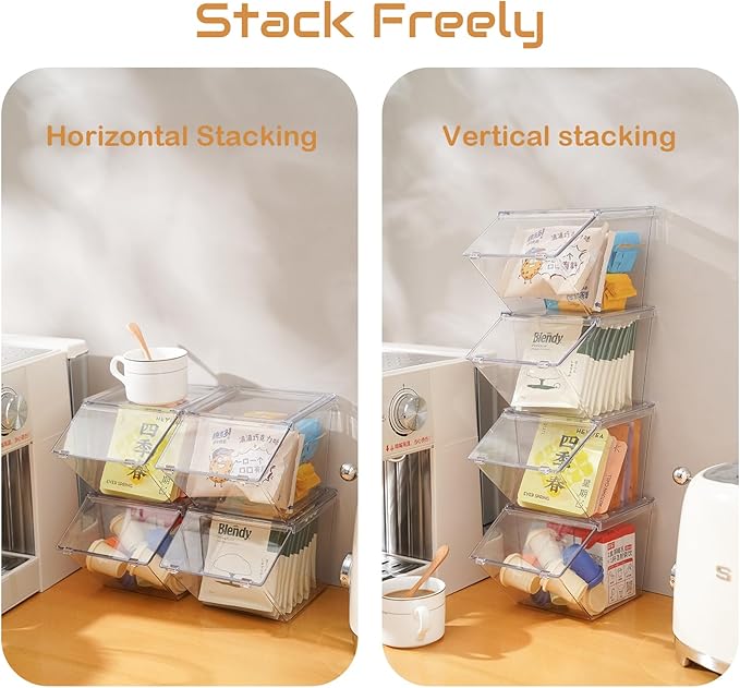 Tea Bag Organizer Coffee Pod Holder K Cup Holder, Stackable Acrylic Desk Organizer Box with Lid, 4 Pack