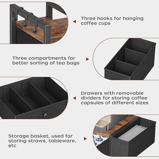 Homeiju Coffee Pod Drawers - K Cup Organizer, Nespresso Pods Holder with Mug Rack, Coffee Holder for Countertop, 52 Capacity Pods, Suitable for Kitchens, Offices and Coffee Bars(Brown)