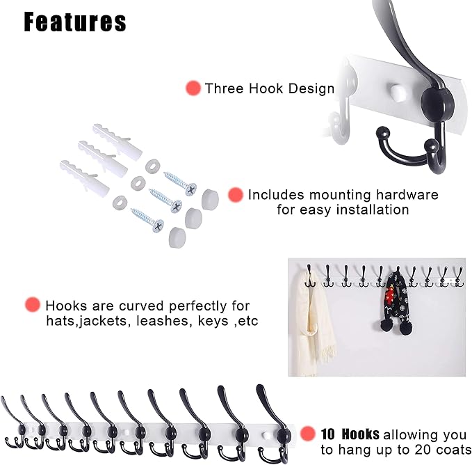 Dseap Coat Rack Wall Mount - 38” Long 10-Tri-Hooks Heavy Duty Coat Hanger Rail Wall Hooks for Hanging Coats Hats Clothing Clothes Purse Mudroom Entryway, White/Black