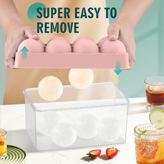 WIBIMEN Large Ice Cube Molds, Big Round Whiskey Ice Cube Trays for Freezer, Easy to Fill & Release, Whiskey Bourbon Cocktail(2.5In*8 Balls- Pink/2 Pack)