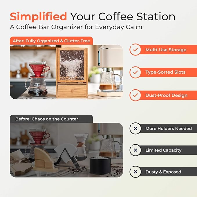 Premium Oak Coffee Filter Holders Storage with Lid, Large Capacity Wooden Box for Pour Over Coffee Station Accessories & Tea Organizer, Versatile Home Bar Essentials for Farmhouse Kitchen Decor