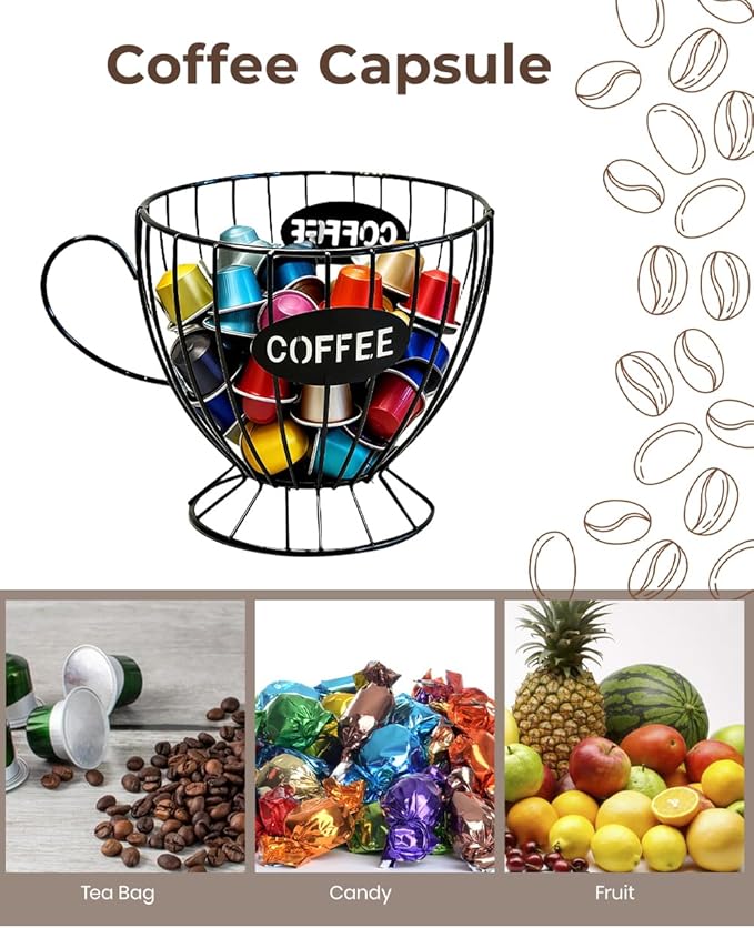 Coffee Pod Holder Large Capacity Coffee Pod Storage Metal Kitchen Countertop Organizer for Home Office Black