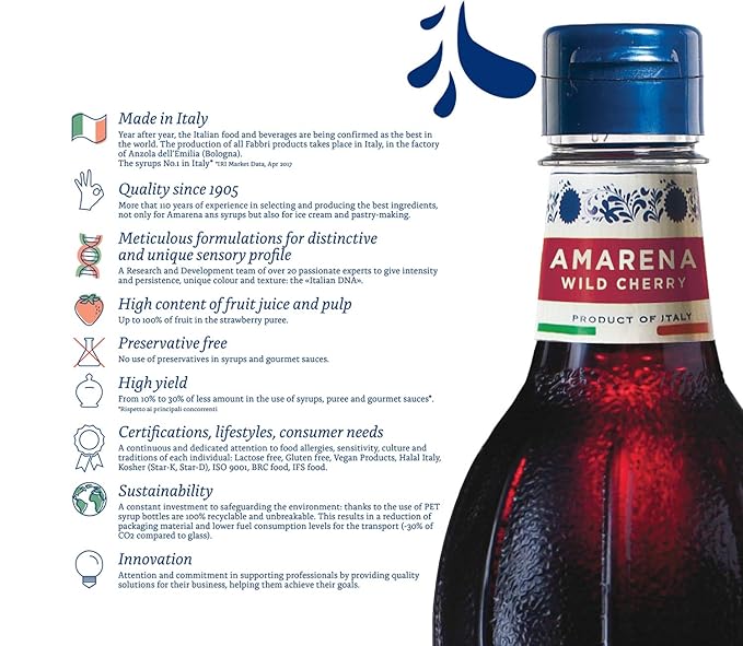 Fabbri Flavoring Syrup, Amarena Cherry, Made in Italy, 33.8 Ounce (1 Liter)