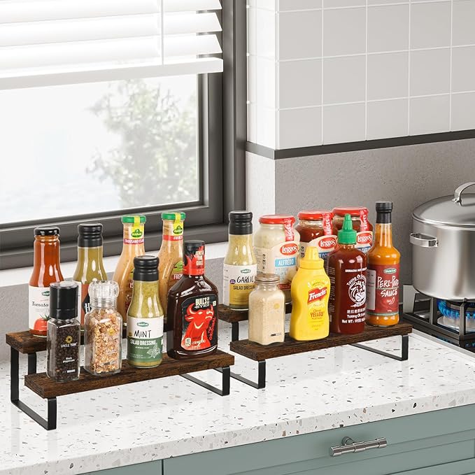 YINMIT Wooden Display Riser Stand, Tiered Perfume and Cologne Organizer Stand, 2 Tier Spice Rack Organizer, Rustic Display Shelf for Candles (2 Tier, 2 Pack)