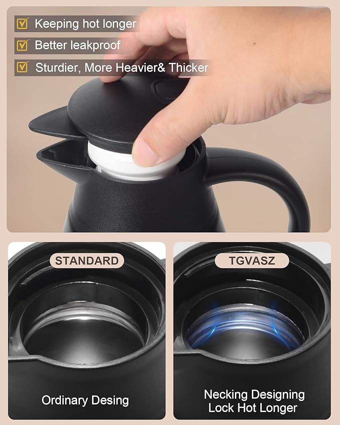 70oz Thermal Coffee Carafe for keeping hot,Updated Carafes for hot liquid, Stainless Steel Insulated Thermal Pot for Coffee, Hot Water,Keep Hot 12 Hours (Black 2.1 L)